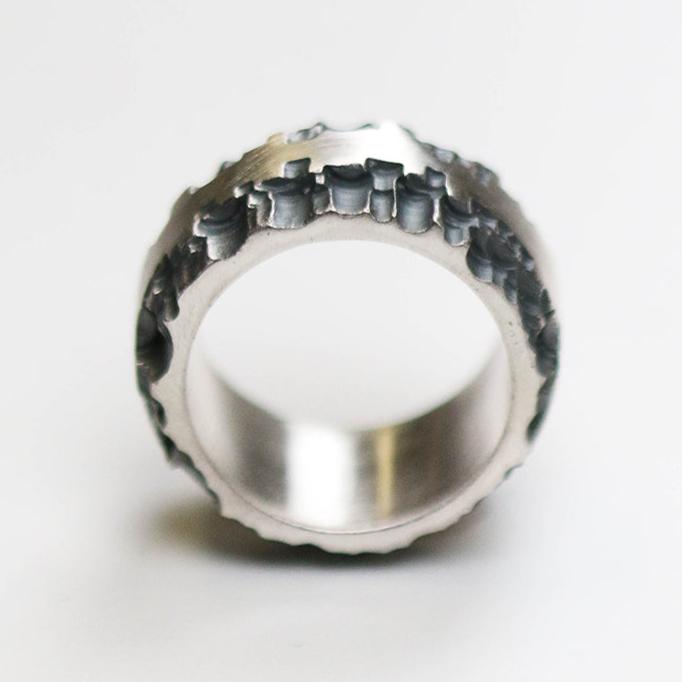 Luna Silver wide flat centred textured detail ring measuring 14mm in width.