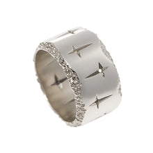 Trinity wide 14mm band with engraved cross detail in 9ct gold.