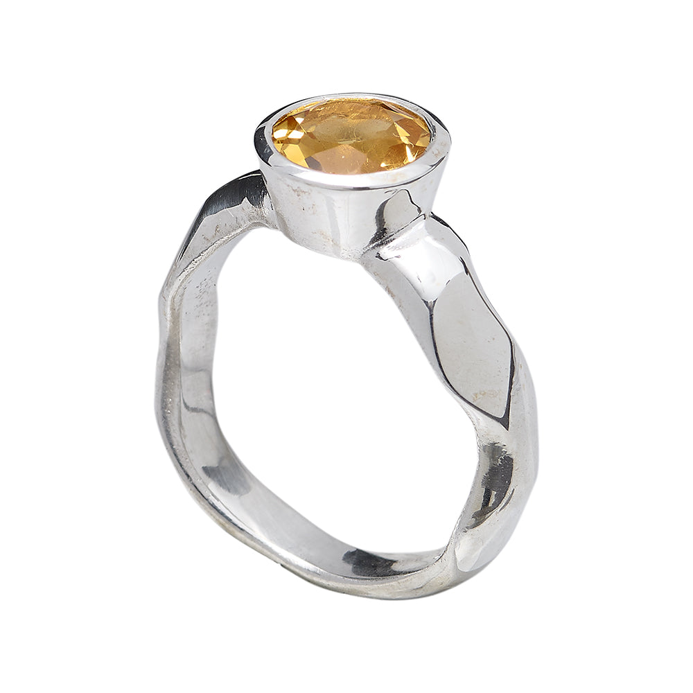 Carved Round Citrine Silver Ring