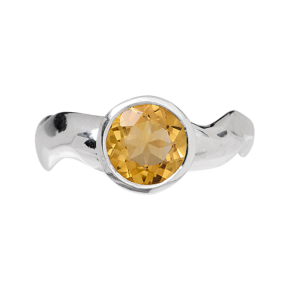 Carved Round Citrine Silver Ring