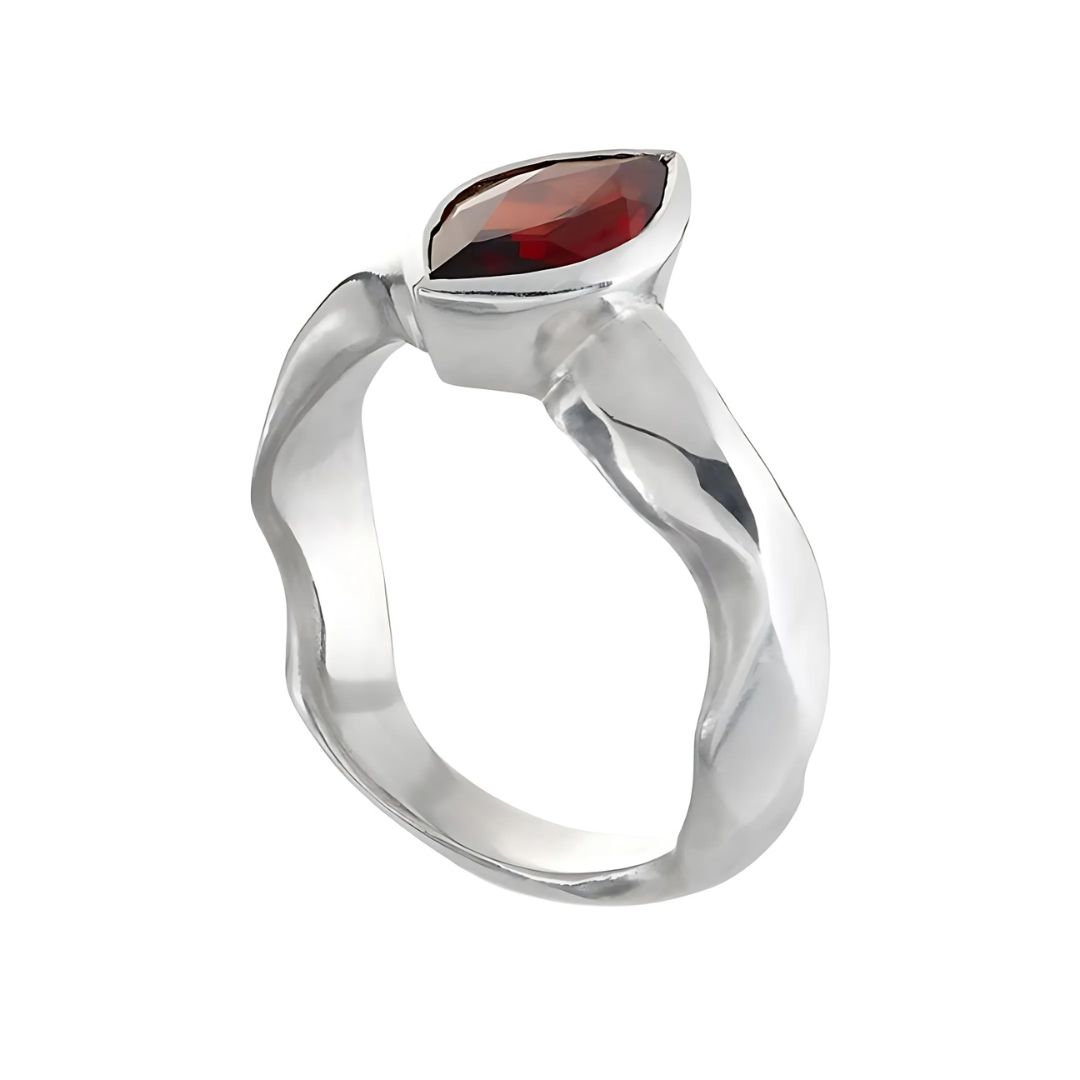 Carved Silver Marquise Gemstone Ring