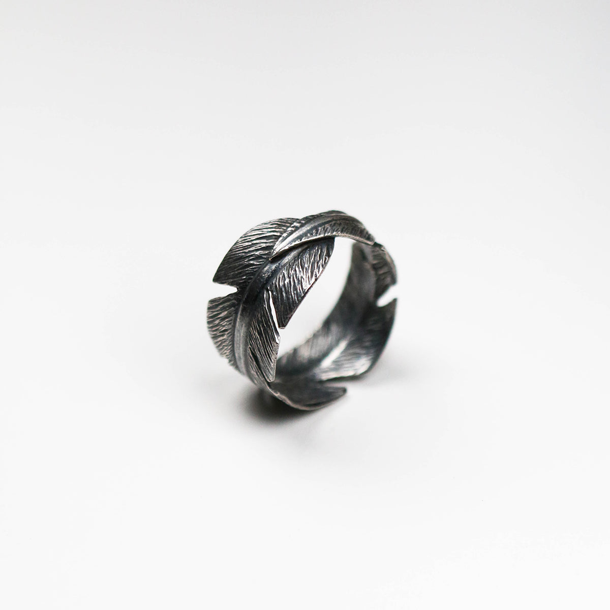 Oxidised Feather wide ring