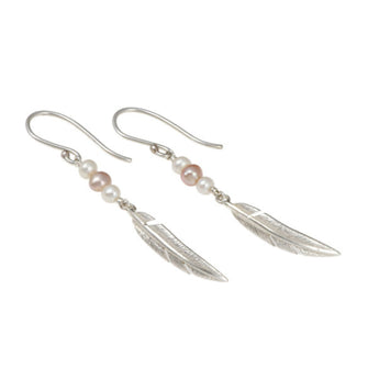 Feather salmon pearl drop earrings