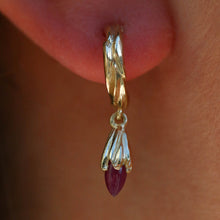 Forest 9ct Gold Ruby Small Hoop Precious Stone Earrings. The detail on the ring resembles bark from oak forests