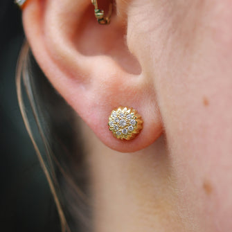 Forest, 18ct yellow gold pavé set cluster hand carved earrings, set with white diamonds