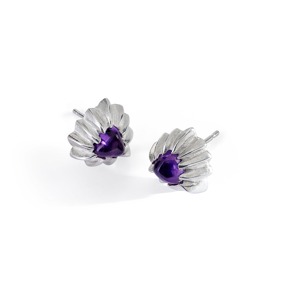 Forest Amethyst Stone Earrings. The detail on the ring resembles bark from oak forests. 