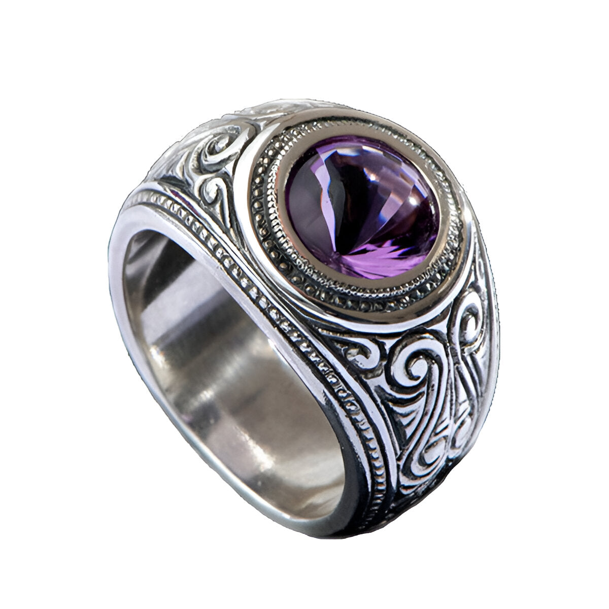 Hoye Division Traditional Engraved Amethyst Centre Round Signet Ring.