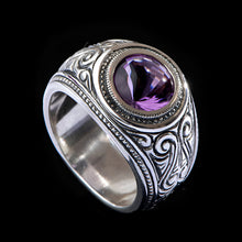 Hoye Division Traditional Engraved Amethyst Centre Round Signet Ring.