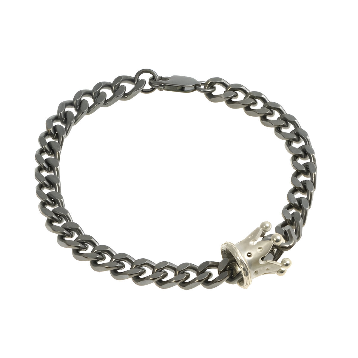 King & Queen silver flat curb link bracelet with running crown. This bracelet has an oxidised finish.