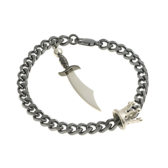 King & Queen silver flat curb link bracelet with running crown and Sabre. This bracelet has an oxidised finish.