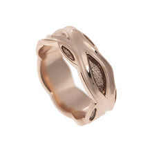 Jeremy Hoye's Libertine collection is handmade in 9ct or 18ct rose gold and measures 9mm in width. This popular piece features a fluid oval design with textured inlaid detail.