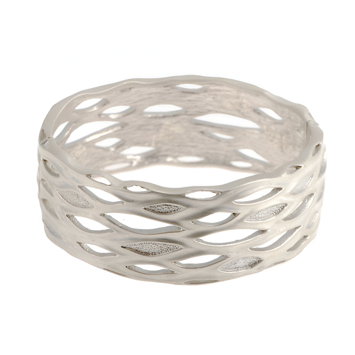 Libertine Silver statement wide hinged bangle with fluid cut out ovals and textured inlays. Bangle measures 26mm.