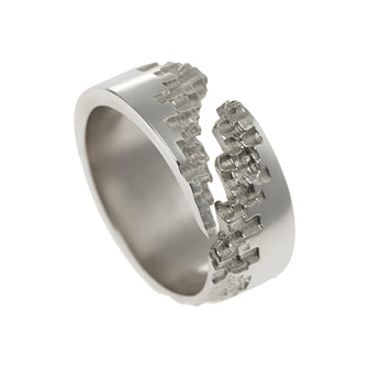 Handmade in 9ct or 18ct white gold, this ring measures 10mm in width and is specially designed to fit comfortably for everyday wear.
