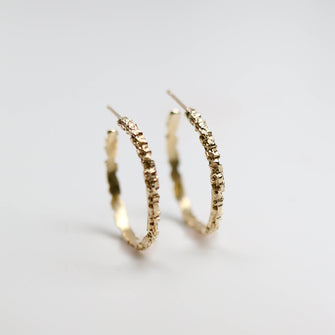 Luna 9ct yellow gold textured hoops. Handmade in 9ct gold. These earrings measure at 30mm circumference with a 3mm width.