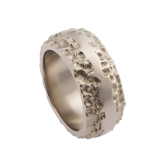 Luna Platinum flat centred textured wedding band measuring 10mm in width.