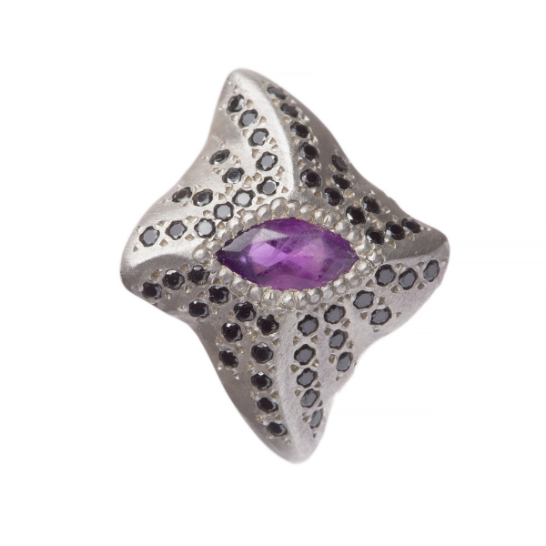 Manta Ray Silver Marquise Amethyst Ring