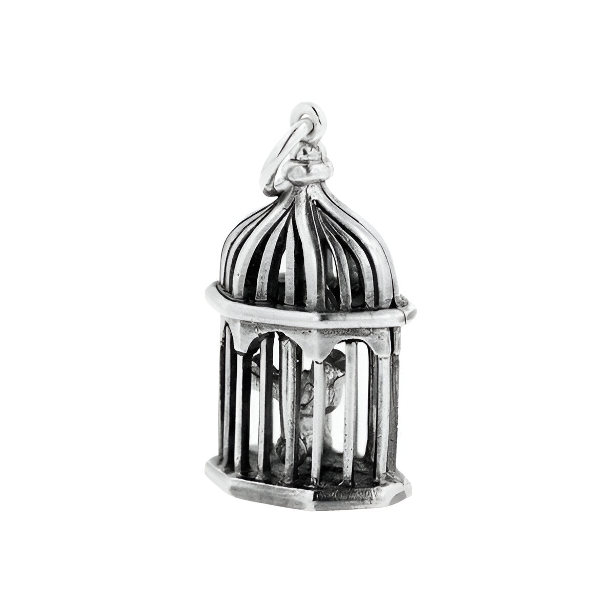 Silver birdcage with swinging bird charm.