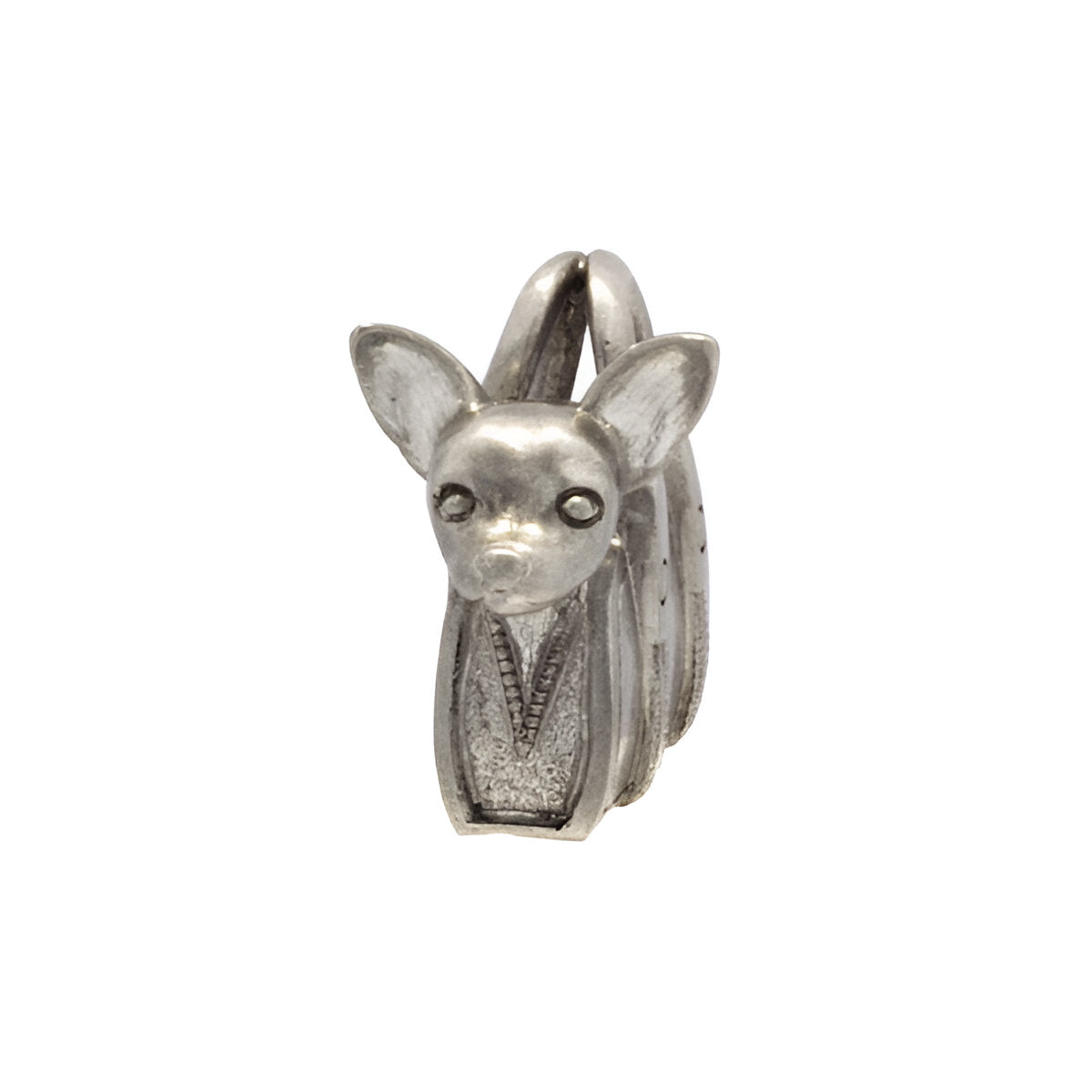 Hand carved in solid silver by Jeremy Hoye, Bruno the chihuahua sits in a tiny handbag which measures 15mm x 15mm. Designed to work on both bracelet and necklace.