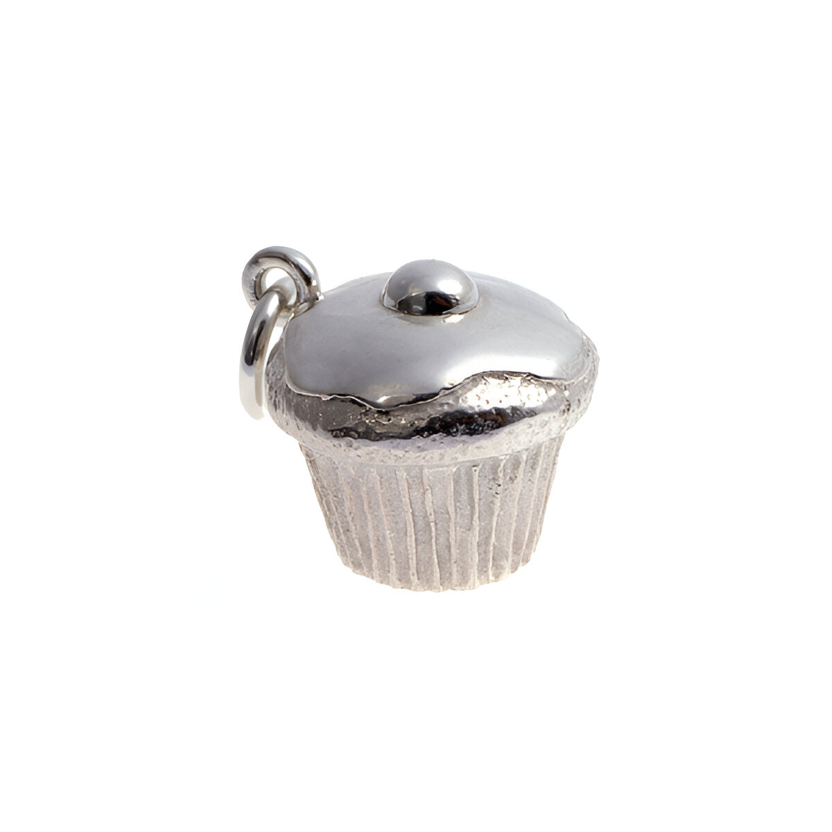 Silver cupcake charm supplied on a round jump ring.