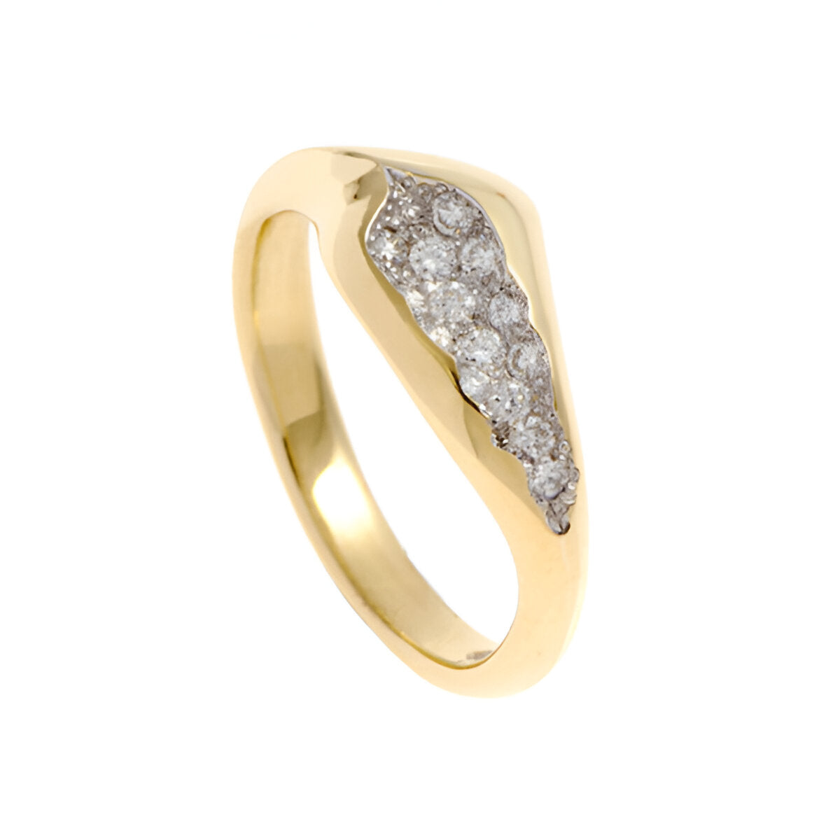 Designed so it sits off-centre for an asymmetric look, the band tapers from 7.5mm to 2.75mm in width. Inspired by crystal geodes, this ring is pavé set with twelve tiny, round, brilliant cut white diamonds which total .40pts of a carat.