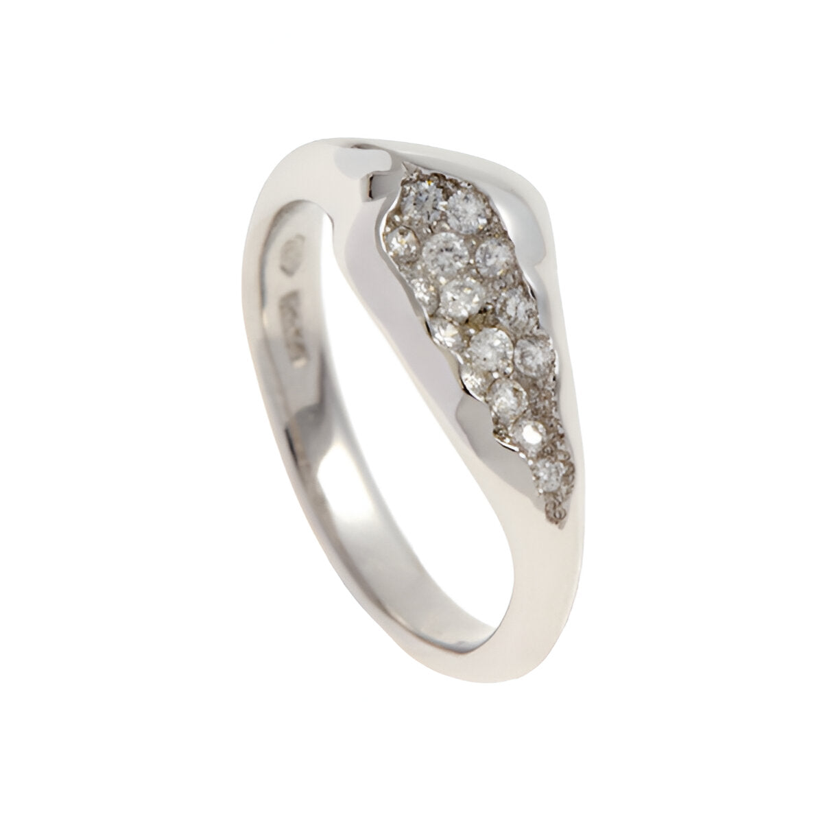 Handmade in platinum, the ring tapers from 7.5mm to 2.75mm in width and is pavé set with 12 white diamonds.