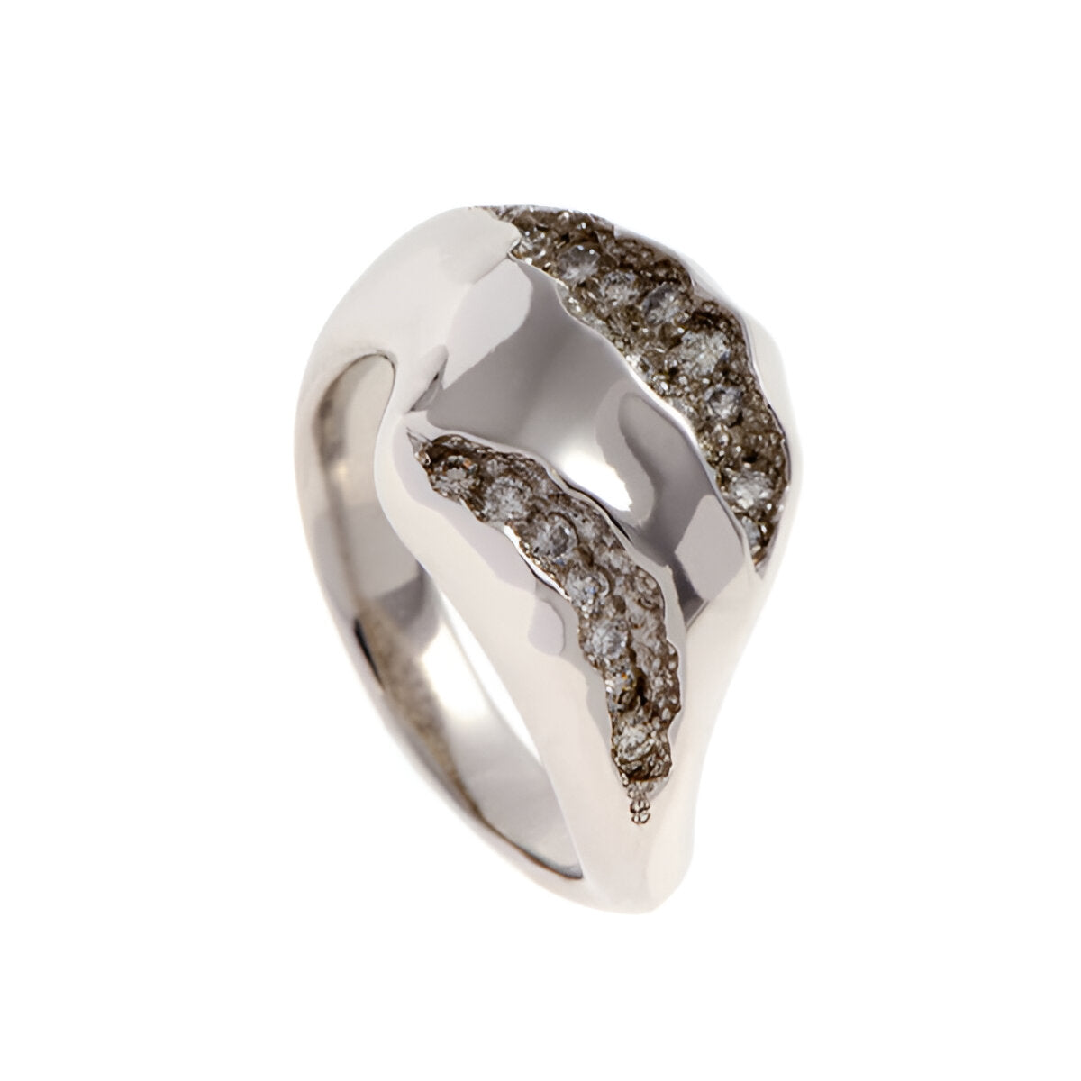 This stunning platinum ring can be worn as a unique engagement ring or statement piece. Pavé set with 23 diamonds.