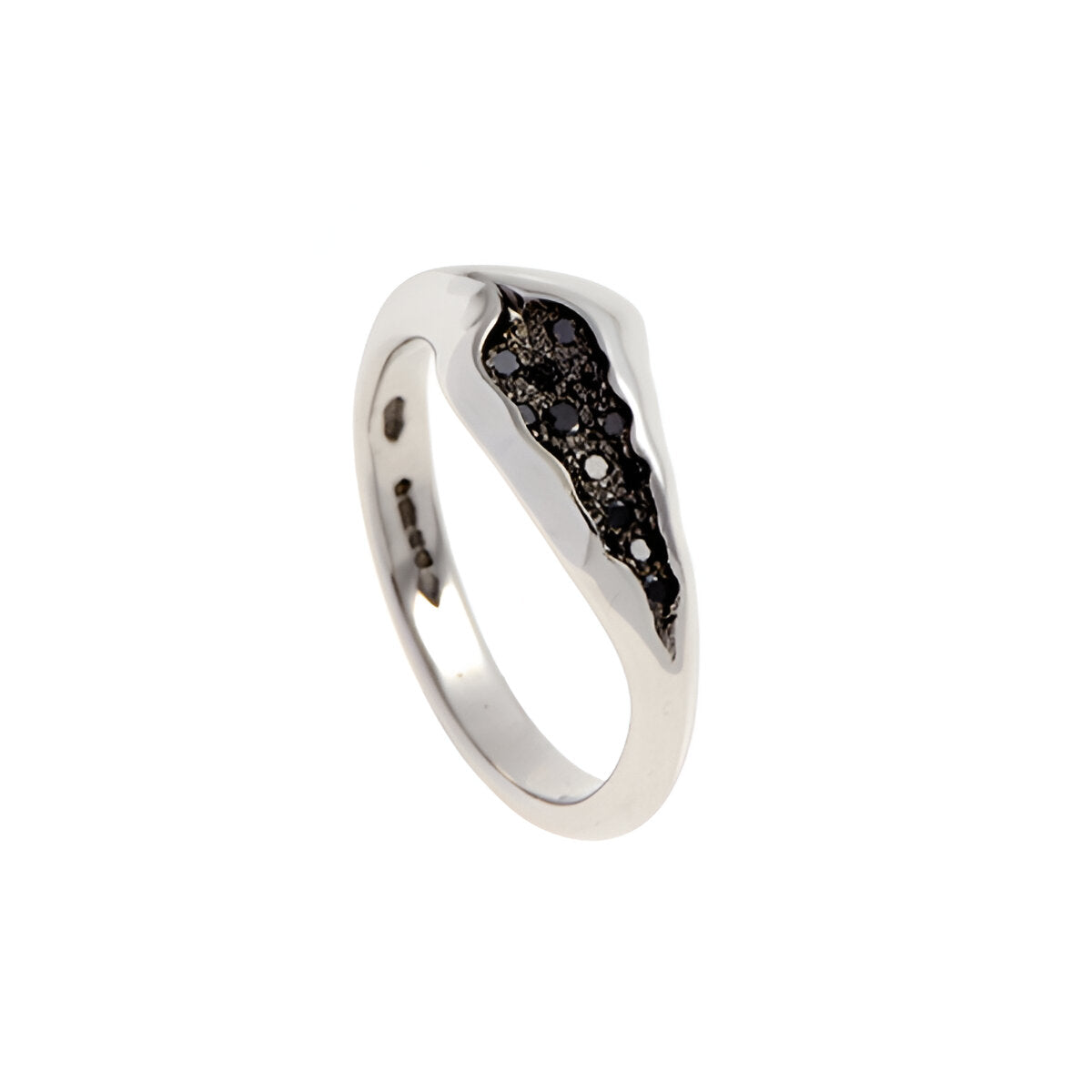 Triffid Silver off centre band with pavé set black cubic zirconias, the width is 7.5mm tapering to 2.75mm.