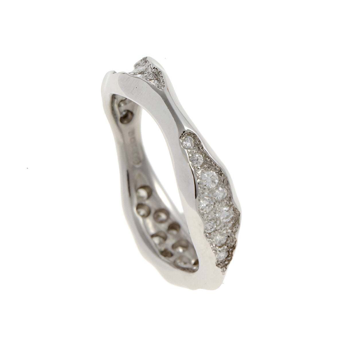 Triffid silver 3mm triple section band with pavé set white cubic zirconia. The inlaid sections help to protect the stones, making this ring hard-wearing and perfect for everyday wear.