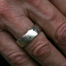 Trinity 18ct white gold band measuring 8mm in width. Set with 10 black diamonds which total .30pts of a carat.