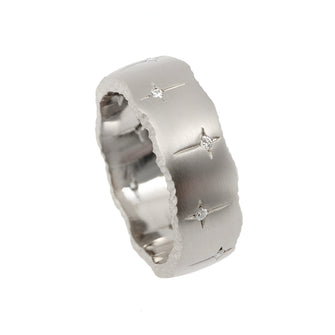 Trinity 18ct white gold band measuring 8mm in width. Set with 10 white diamonds which total .30pts of a carat.