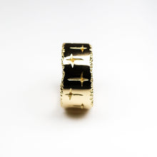 Trinity wide 14mm band with engraved cross detail in 9ct gold.