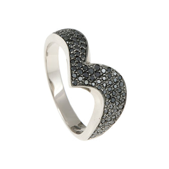 Handmade in 18ct white gold, this stunning piece is pavé set with black diamonds. This ring measures 6mm at its widest point and tapers down to 3mm.