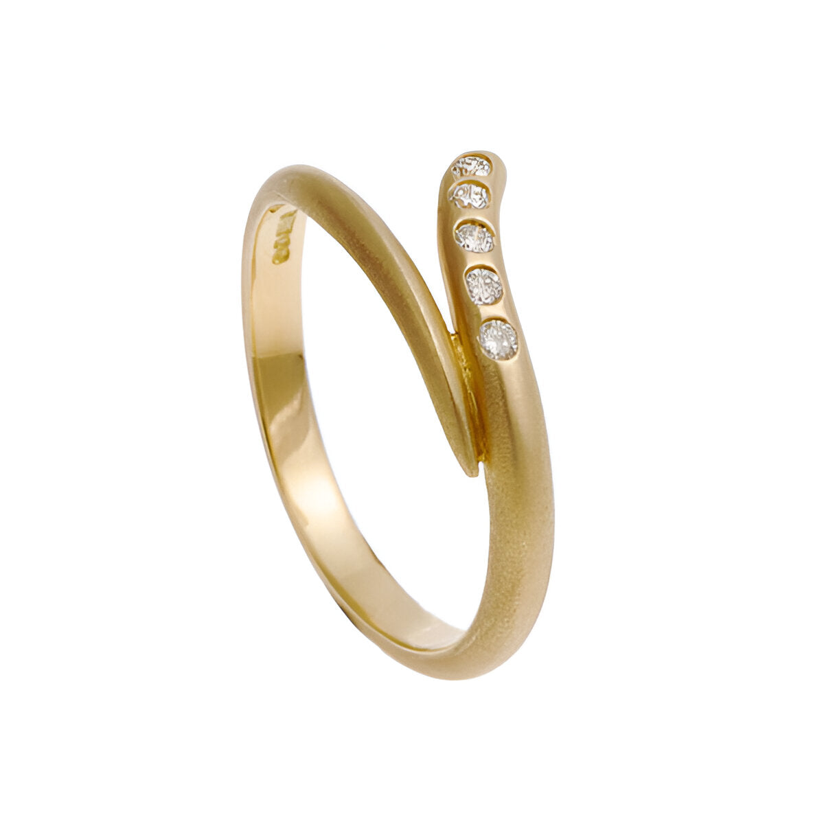 Handmade in a choice of 18ct yellow gold and set with five white diamonds which total .15pts of a carat.